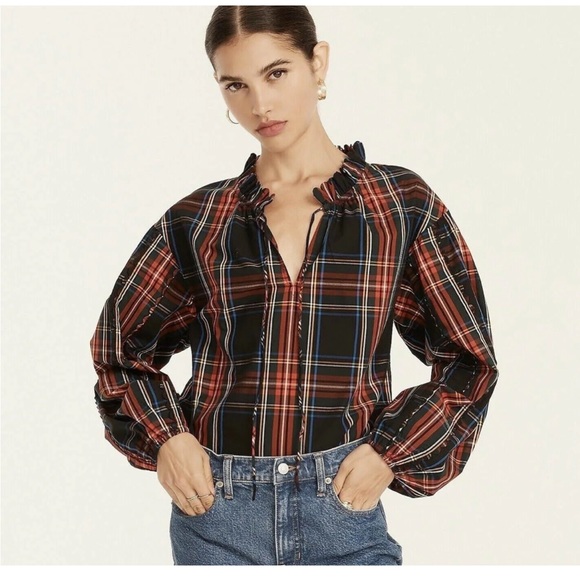 JCrew Scalloped tie-neck top in Stewart tartan in Size M never worn - Picture 2 of 5